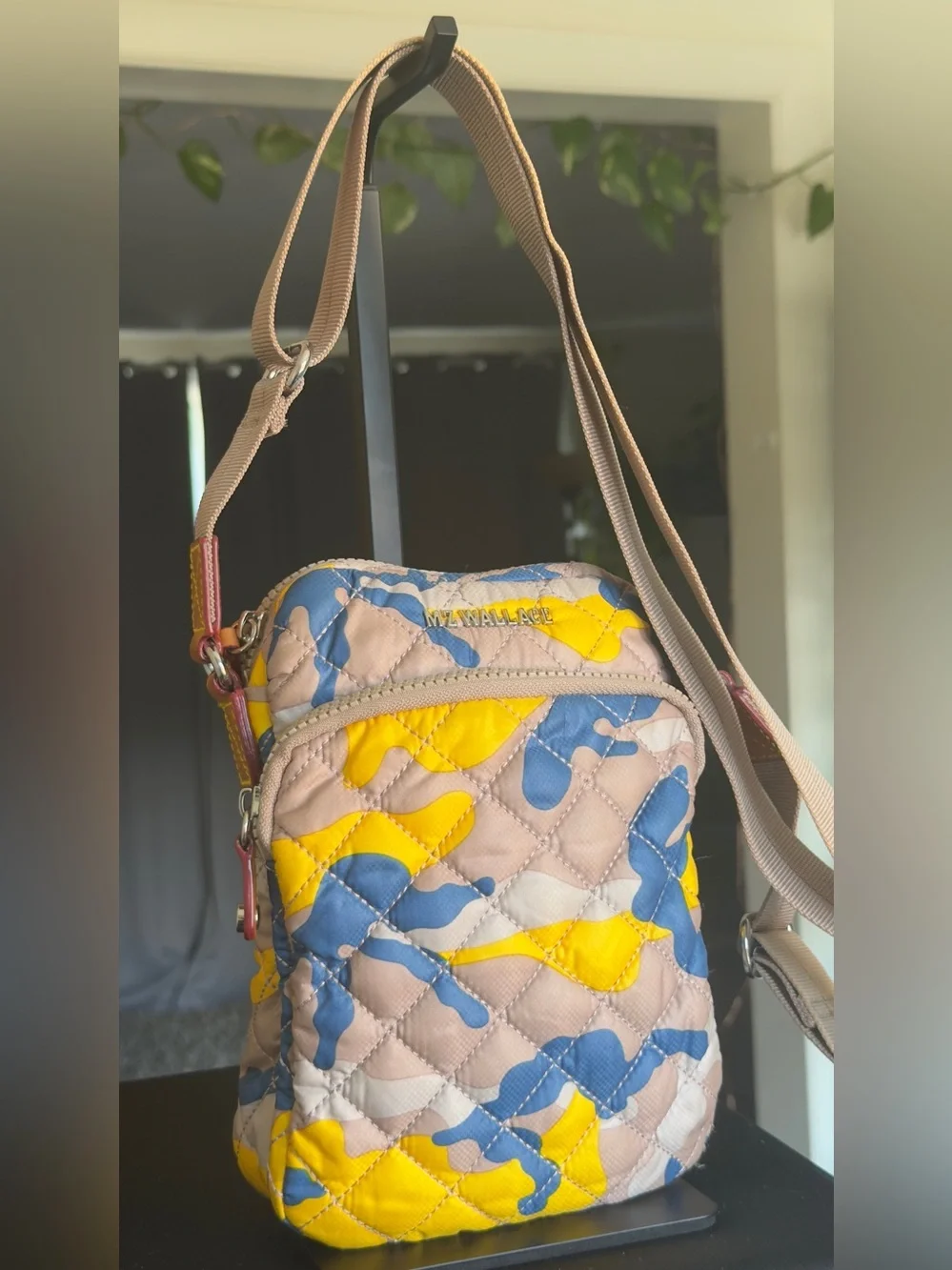 MZ Wallace Metro Crossbody Bag Spring Camo Quilted Nylon Yellow Blue Phone Pouch
